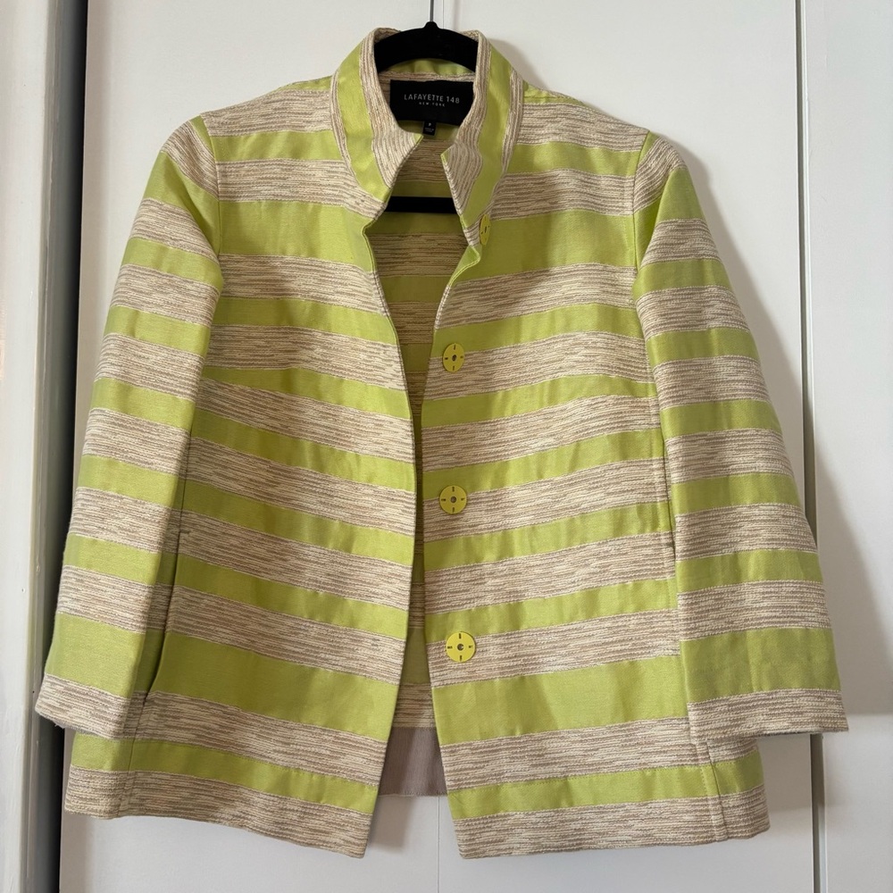 Lafayette 148 Women’s XS Petite Lime Green Striped Tweed Linen